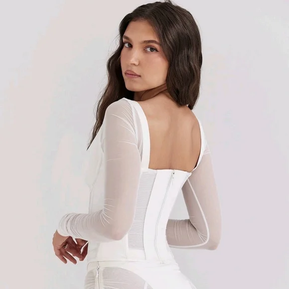 HOUSE OF CB 'Araminta' White Long Sleeve Mesh Corset/Size M-US 6-8 - Picture 2 of 7